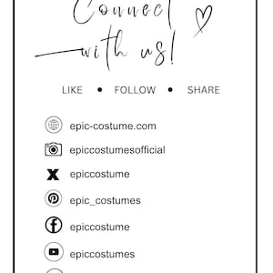 May include: A white graphic with the words "Connect with us!" in a handwritten font, along with social media icons and usernames for various platforms, including Instagram, Pinterest, and Facebook. The text encourages users to like, follow, and share.