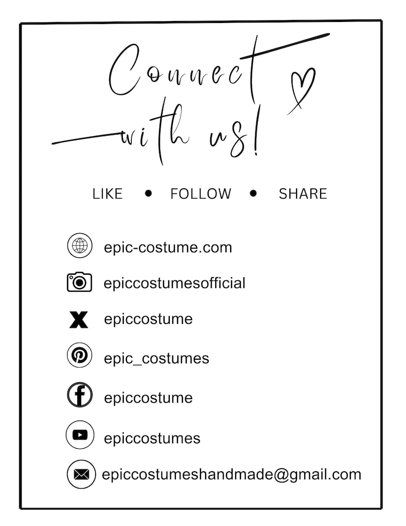 May include: A white graphic with the words "Connect with us!" in a handwritten font, along with social media icons and usernames for various platforms, including Instagram, Pinterest, and Facebook. The text encourages users to like, follow, and share.