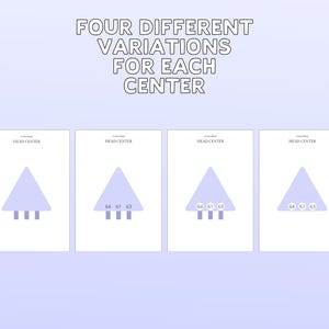 May include: Image features four variations of a design, each on a white background. The text at the top reads "FOUR DIFFERENT VARIATIONS FOR EACH CENTER." Each design includes a light purple triangle and three horizontal lines. Numbers "64 61 63" are present.