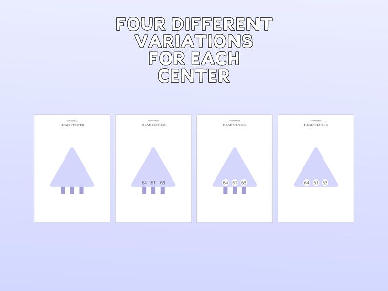 May include: Image features four variations of a design, each on a white background. The text at the top reads "FOUR DIFFERENT VARIATIONS FOR EACH CENTER." Each design includes a light purple triangle and three horizontal lines. Numbers "64 61 63" are present.