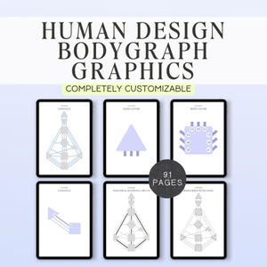 May include: A digital graphic featuring six Human Design Bodygraph charts on tablets. The charts display geometric shapes and diagrams in shades of gray and blue. The text "HUMAN DESIGN BODYGRAPH GRAPHICS" and "COMPLETELY CUSTOMIZABLE" are at the top.