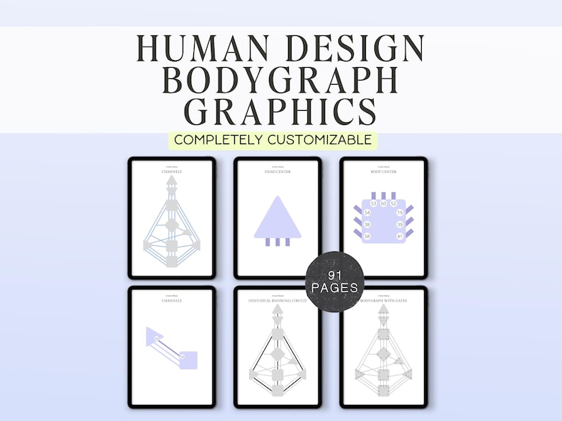 May include: A digital graphic featuring six Human Design Bodygraph charts on tablets. The charts display geometric shapes and diagrams in shades of gray and blue. The text "HUMAN DESIGN BODYGRAPH GRAPHICS" and "COMPLETELY CUSTOMIZABLE" are at the top.