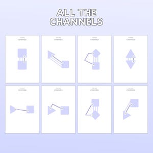 May include: A graphic with the text "ALL THE CHANNELS" at the top. Below are eight white cards with light purple geometric shapes and the word "CHANNELS" at the top of each card. The background is a light purple gradient.