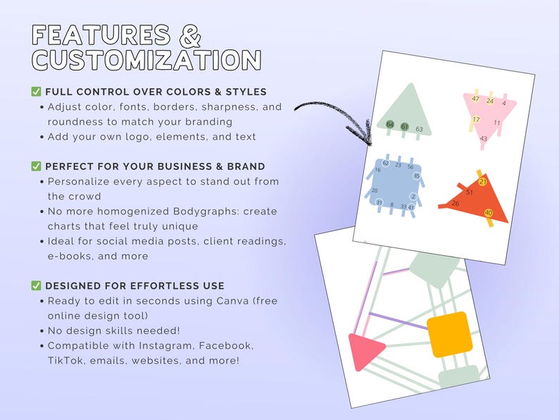 May include: Image showcasing features and customization options. Includes text: "FEATURES & CUSTOMIZATION", "FULL CONTROL OVER COLORS & STYLES", "PERFECT FOR YOUR BUSINESS & BRAND", and "DESIGNED FOR EFFORTLESS USE". Also shows examples of charts with numbers.