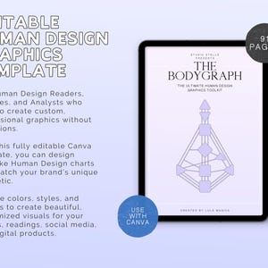 May include: A digital tablet displays "The Bodygraph" graphic design toolkit, with a Human Design chart. The image includes text: "Editable Human Design Graphics Template" and "Use with Canva". A circular graphic indicates 91 pages.