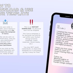 May include: A smartphone displays a message from Lula about Human Design Graphics templates. The image includes instructions on downloading and using the template, with text about instant downloads and Canva use. The background is a gradient of light blue and purple.