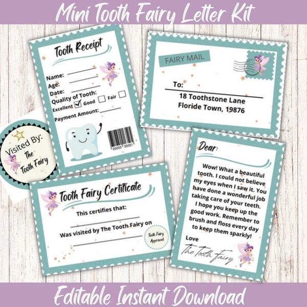 MINI Tooth Fairy Letter & Envelope Kit for children | INSTANT Edit | Lost Tooth Certificate | Receipt | Printable | Bundle | Tiny | Cute