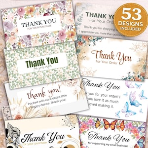 Peut inclure: Ensemble de 53 cartes "Merci" imprimables pour petites entreprises. Les cartes présentent des motifs floraux, de papillons et abstraits avec des messages tels que "Merci pour votre achat" et "Merci pour votre commande."