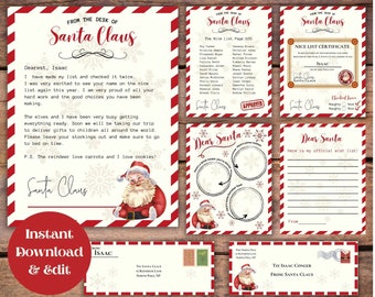 May include: A Santa Letter Super Bundle with various Christmas-themed stationery items. Includes a letter from Santa, a Nice List certificate, a Dear Santa wish list, and envelopes. The design features red and white stripes, snowflakes, and Santa Claus illustrations.