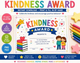 Kindness Award Certificate Printable | Classroom Reward | Student Recognition Award | Instant Download PNG | 11x8.5 Ready to Print
