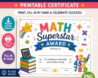 Math Superstar Award Certificate Printable | Instant Download PNG | Teacher Classroom Reward | Student Achievement | 11 x 8.5 Printable