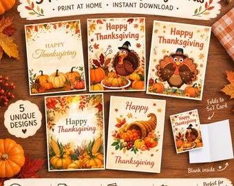 Printable Thanksgiving Cards Set of 5, 5x7 Folded Thanksgiving Cards, Turkey Greeting Cards, Fall Cards, Instant Download PNG