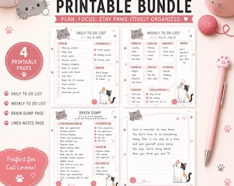KATZEN PLANNER Printable Bundle | Niedliches Katzen Journal Seiten | Tägliche To Do Liste | Wochenplaner | Brain Dump Seite | Notizen-Seite | PNG-Download