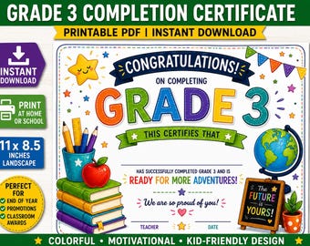 Grade 3 Completion Certificate Printable | End of Year Award | Graduation Diploma for Kids | Instant Download PDF | Teacher Classroom Award