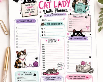 Verrückte Katzen-Lady Tagesplaner PNG | Süße Katze Printable Planer | Tagebuch Organizer | Katzenliebhaber Geschenk | Sofortdownload | Planer Seite