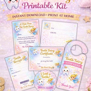 Puede incluir: Un kit imprimible de Tooth Fairy con varios artículos de papelería. Incluye una nota, un certificado, un recibo, un sobre y una insignia, todos con un diseño de diente y hada de dibujos animados. Descarga instantánea e impresión en casa.