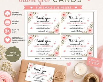 Printable Floral Thank You Cards | Small Business Packaging Inserts | 4 Per Page PDF | Pink Rose Thank You Cards | Instant Download
