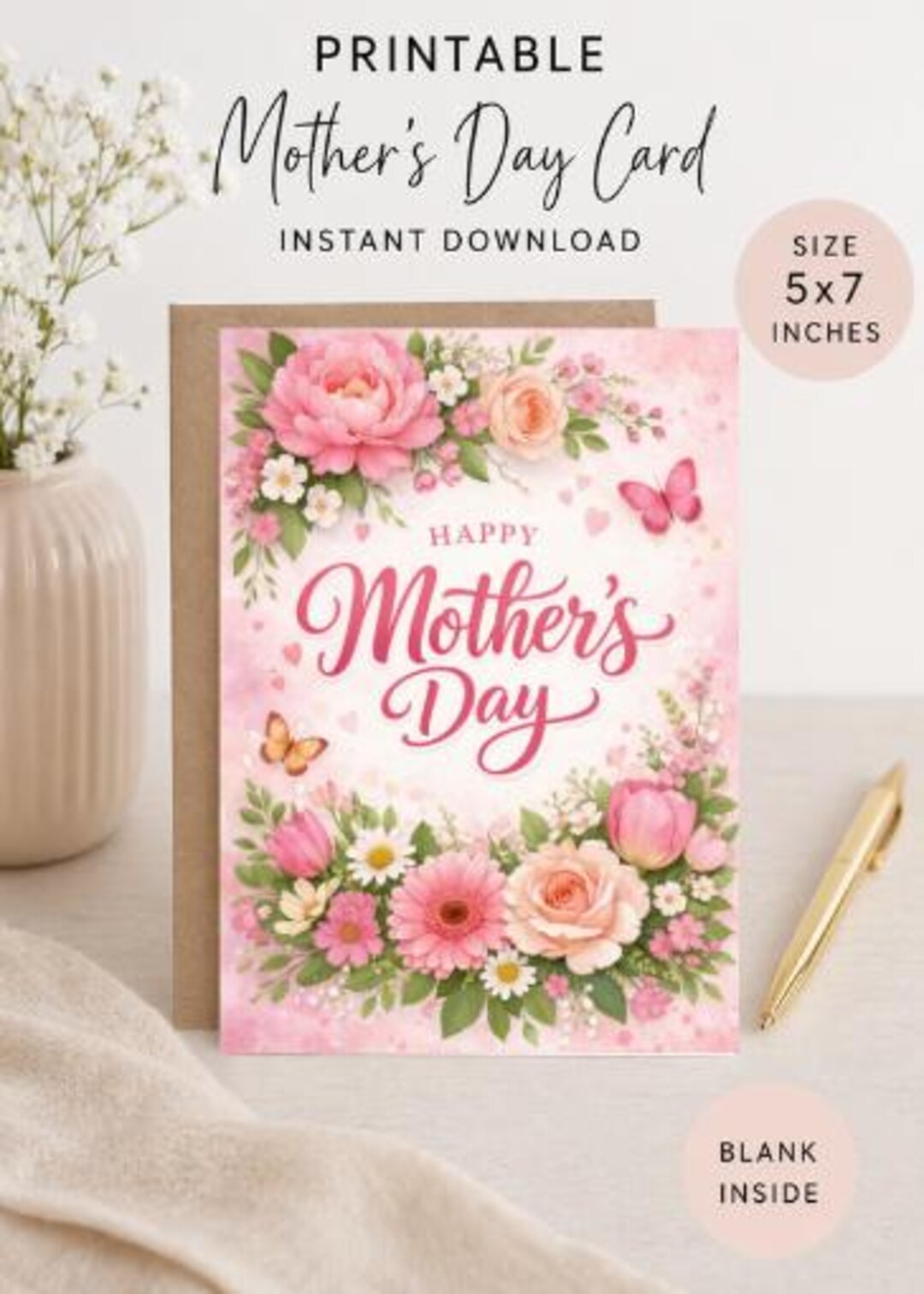 Printable Mother’s Day Card 5x7 | Floral Happy Mother’s Day Card ...