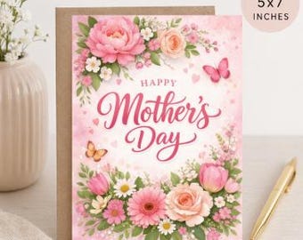 Tarjeta imprimible para el Día de la Madre 5x7 / Tarjeta floral de Feliz Día de la Madre / Descarga instantánea en PDF / Interior en blanco / Tarjeta de felicitación imprimible para hacer tú mismo