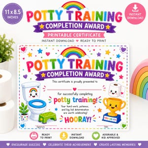 Potty Training Completion Award Printable | Rainbow Potty Training Certificate | Instant Download PNG | Training Reward for Kids | 11x8.5