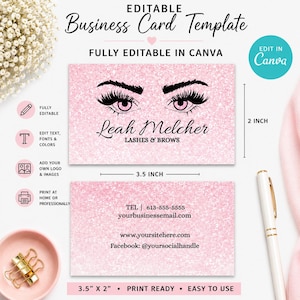 May include: Pink business card template with glitter effect, featuring the text "Leah Melcher Lashes & Brows". The card is 3.5 inches by 2 inches. Includes contact information and social media handles. The design is fully editable in Canva.