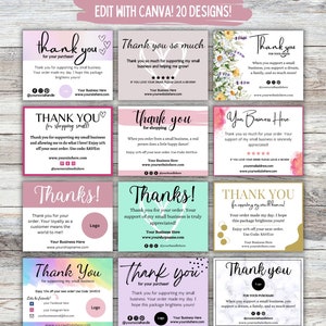 20 cartões de agradecimento para pequenas empresas | Editáveis | Notas de pedidos do cliente | Encartes de pacotes | Proprietário da loja | Modelo Canva | Personalizado | Marca |