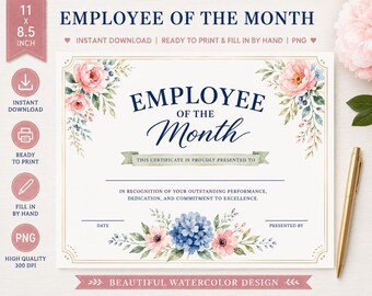 Urkunde „Mitarbeiter des Monats“ zum Ausdrucken | Aquarell-Blumen-Auszeichnung | Von Hand ausfüllbar | Sofortiger PNG-Download | 11 x 8,5 cm