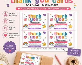 Druckbare Dankeskarten für kleine Unternehmen | Regenbogen Verpackungseinsätze | 4 pro Seite PDF | Niedliche Dankeskarten | Sofort Download