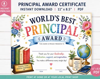 Puede incluir: Un certificado colorido con el texto "World's Best Principal Award". El diseño incluye detalles florales, un globo terráqueo, libros y una taza de café. El certificado mide 27,9 cm x 21,6 cm y está disponible en PDF.