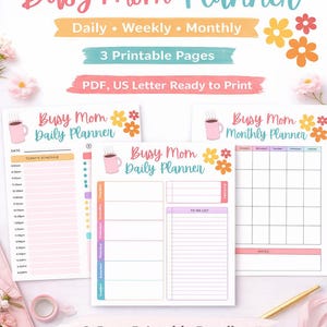 K&ouml;nnte beinhalten: Ein druckbares Planer-Bundle mit floralem Thema. Das Design umfasst Tages-, Wochen- und Monatslayouts. Der Text "Busy Mom Planner" ist in Rosa und T&uuml;rkis dargestellt. Das Bundle enth&auml;lt einen Tagesplan, eine To-Do-Liste und einen Monatskalender.