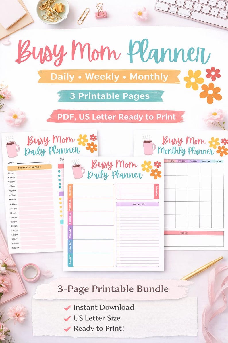 K&ouml;nnte beinhalten: Ein druckbares Planer-Bundle mit floralem Thema. Das Design umfasst Tages-, Wochen- und Monatslayouts. Der Text "Busy Mom Planner" ist in Rosa und T&uuml;rkis dargestellt. Das Bundle enth&auml;lt einen Tagesplan, eine To-Do-Liste und einen Monatskalender.