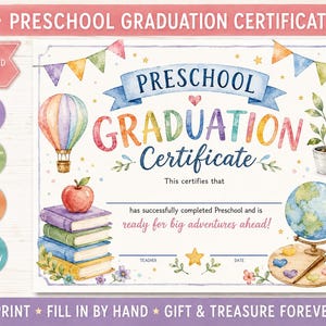 Może przedstawiać: Kolorowy certyfikat ukończenia przedszkola z napisem "Preschool Graduation Certificate". Projekt zawiera balon na ogrzane powietrze, książki, jabłko, globus i paletę malarską. Certyfikat ma wymiary 27,9 cm x 21,6 cm.