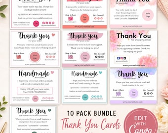 10 Small Business Thank You Cards | Custom | Instant | Bundle | Customer Notes | Package Inserts | Canva Template | Shop Owner | Editable |