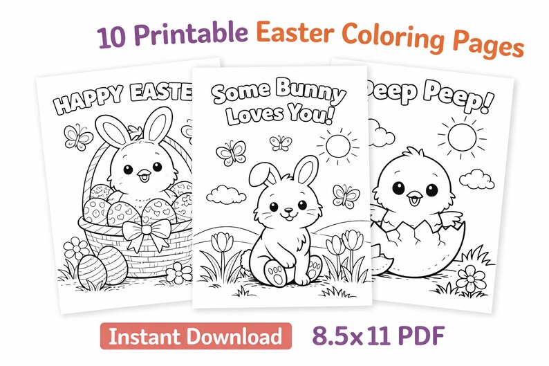 Printable Easter Coloring Pages for Kids – 10 Page PDF Bundle, Easter ...