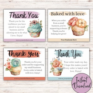Bedankkaarten voor kleine bedrijven | Eigenaar bakkerij | Direct downloaden | Bewerkbare sjabloon | Bijsluiters | Bestelnotities | Cupcakes | Canvas