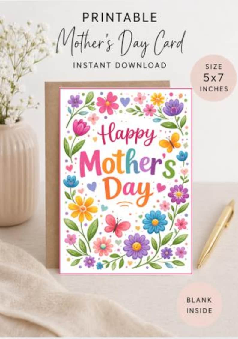 Printable Mother’s Day Card | 5x7 Instant Download | Blank Inside | DIY ...