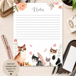 Peut inclure: Une page de notes imprimable au format A4 avec une illustration à l'aquarelle de chats et d'éléments floraux. La page comporte des espaces lignés pour l'écriture et le mot "Notes" en haut. Inclut le texte "Téléchargement instantané prêt à imprimer !"