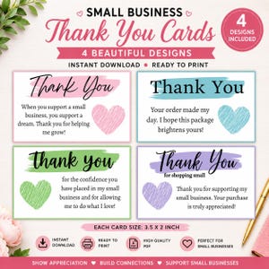 May include: Four thank you card designs for small businesses. Each card features a different color heart and a unique message. Cards are 3.5 x 2 inches. Includes the text "Thank You" and "Small Business".