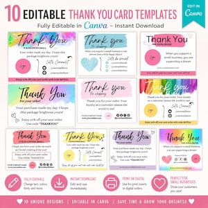 May include: A digital download featuring 10 editable thank you card templates. The cards have various designs with pastel colors and handwritten fonts. The text includes phrases like "Thank You" and "For your order". The cards are fully editable in Canva.