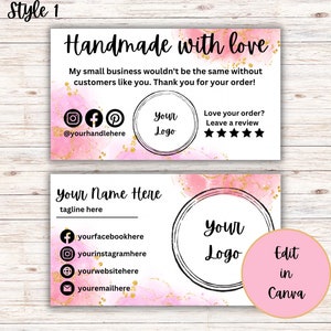 May include: Pink and gold watercolor business card template with the text "Handmade with love" and "Your Name Here". The card includes space for a logo, social media handles, and a tagline. The text "Edit in Canva" is also included.