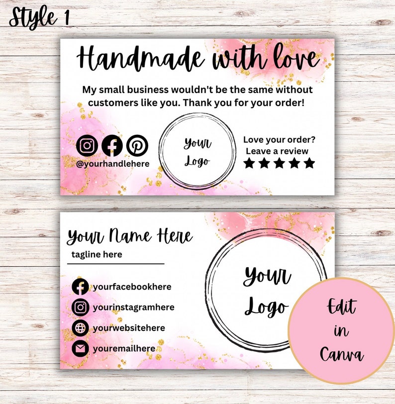 May include: Pink and gold watercolor business card template with the text "Handmade with love" and "Your Name Here". The card includes space for a logo, social media handles, and a tagline. The text "Edit in Canva" is also included.