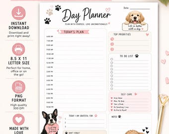 Hundeliebhaber Tagesplaner Printable | Niedlicher Hunde-Themen-Tagesplaner | 8,5 x 11 PNG Download | Stundenplan Organizer | To Do Liste |