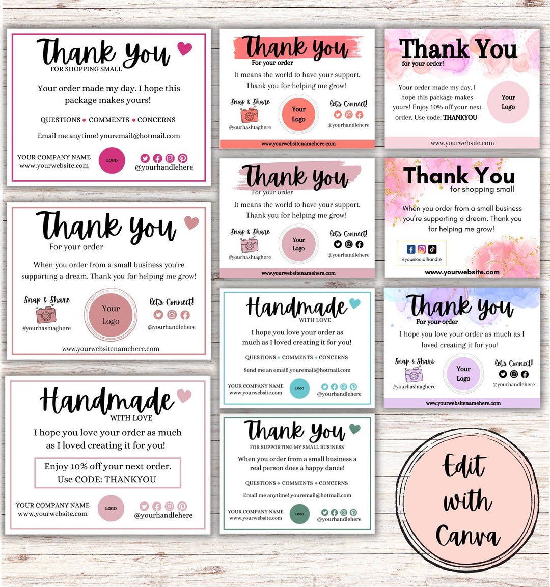 10 Small Business Thank You Cards | Custom | Instant | Bundle ...
