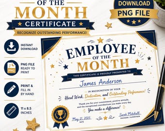 Mitarbeiter des Monats Zertifikat PNG | Druckbare Auszeichnung für Mitarbeiter | Mitarbeiter Wertschätzung | Sofortdownload | Handschriftlich ausfüllen