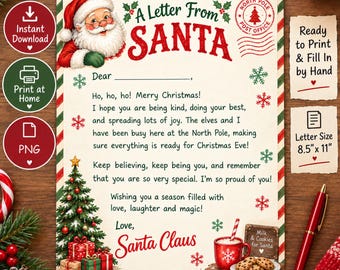Letter From Santa Printable, Personalized Christmas Letter, Santa Letter for Kids, Christmas Eve Printable, Instant Download, 8.5x11