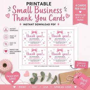 Puede incluir: Tarjetas de agradecimiento para pequeñas empresas imprimibles en rosa. El diseño incluye el texto "thank you!" con un lazo y corazones. Las tarjetas miden 12,7 cm x 8,9 cm e imprimen en papel A4. Incluye descarga instantánea.