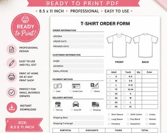T-Shirt Order Form | Ready to Print | Small Business | Printable | Instant Download | Shop Owner | Business Material |
