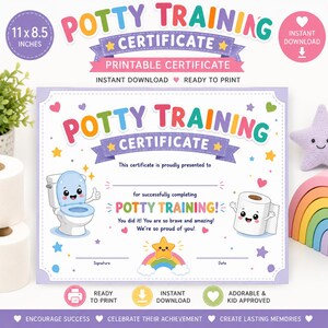 May include: A rectangular potty training certificate measuring 27.9 by 21.6 cm with a light purple border. The design features colourful text, a cartoon toilet, a roll of toilet paper, stars, hearts, and a rainbow with a smiling star icon.
