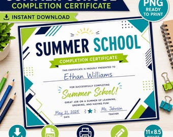 Summer School Abschlusszertifikat PNG | Moderne Schülerpreis-Urkunde | Printable Summer School Auszeichnung | Lehrerin | Sofort Download