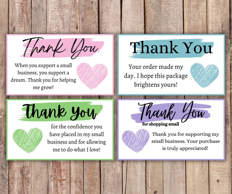 May include: Four thank you cards with handwritten "Thank You" text and heart illustrations. Each card has a different background colour: pink, blue, green, and purple. The cards include messages of appreciation for supporting a small business.
